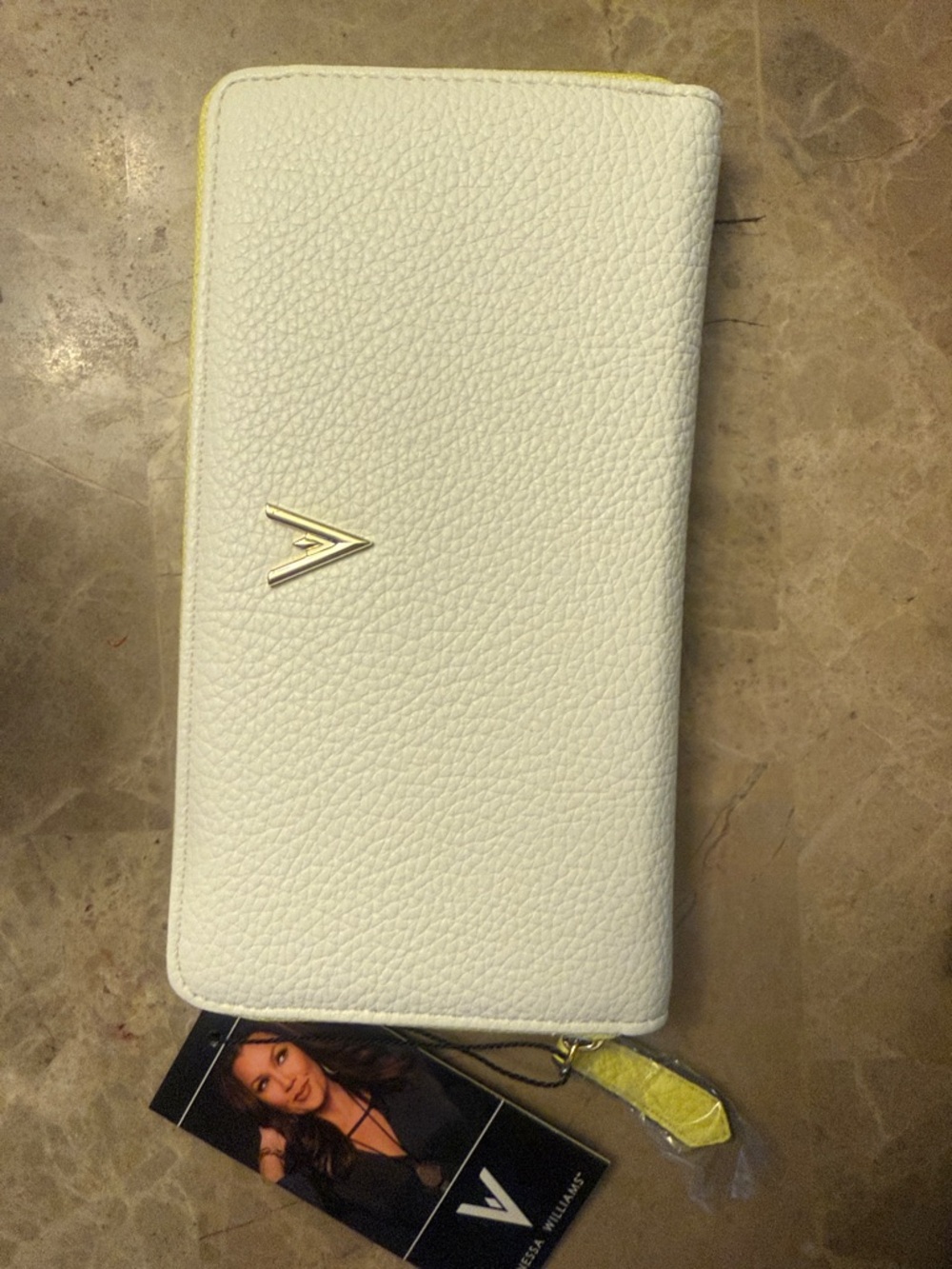 White Zip-Around Wallet Wristlet with Yellow Trim